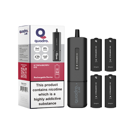 20mg Quadro 2.4K Pod Vape Kit Black Series 2400 Puffs - Flavour: Strawberry Ice