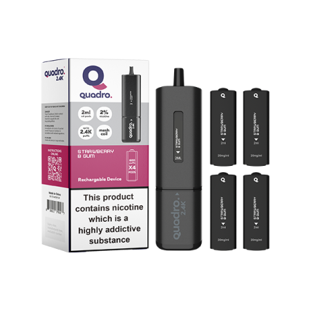 20mg Quadro 2.4K Pod Vape Kit Black Series 2400 Puffs - Flavour: Strawberry B Gum